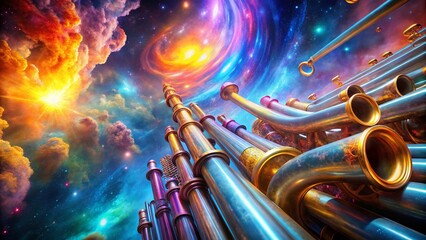 Poster - Cosmic Pipes: Glowing Nebulae and Industrial Structures in Space