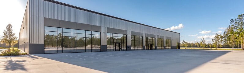 Poster - Modern commercial building with large glass windows and a clear blue sky backdrop.