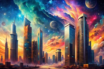 Poster - Cosmic Surreal Skyscraper Cityscape: Abstract Texture & Left Copy Space