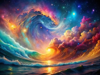 Poster - Cosmic Wave: Double Exposure of Vibrant Nebula and Energetic Swirls