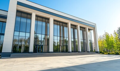 Aufkleber - Modern building with large glass windows and tall columns, surrounded by greenery under a clear blue sky.