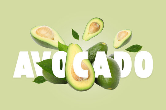 Healthy food, Avocados, leaves and text 