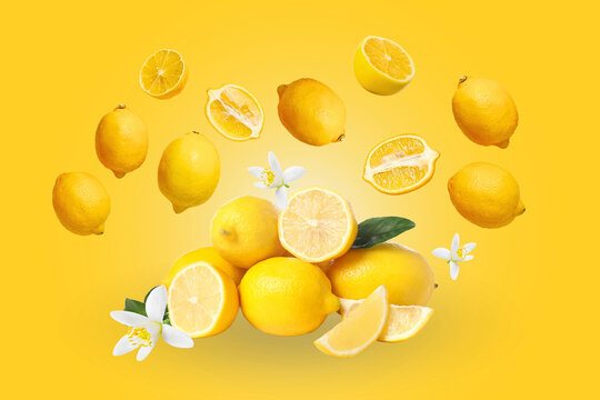 Fruits, Lemons, flowers and leaves on yellow background