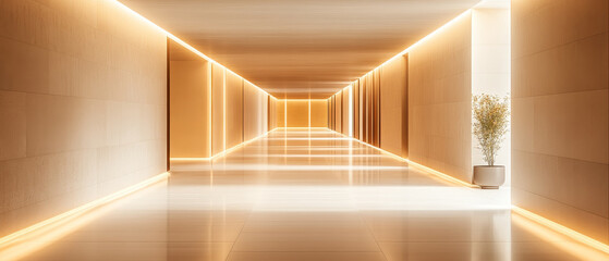 Poster - Minimalistic corporate office hallway with clean walls and warm lighting