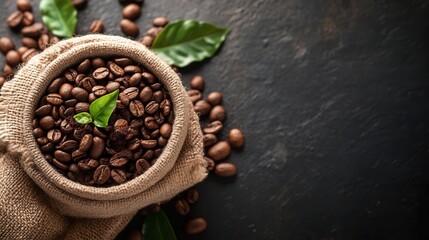 Aufkleber - Freshly roasted coffee beans in a burlap sack with green leaves resting on a dark stone surface Generative AI