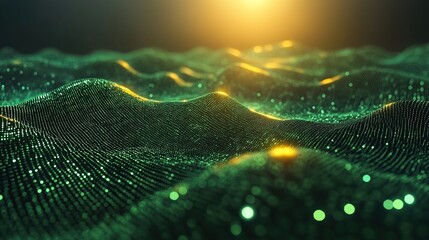 Fototapete - Green data waves flowing, illuminated, abstract background, tech presentation