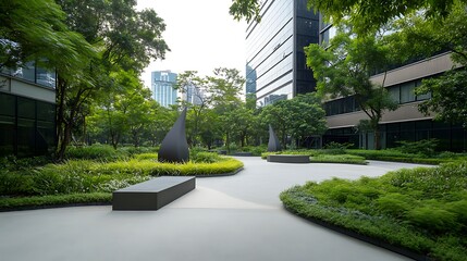 Aufkleber - Urban garden with modern architecture, sculptures, and lush greenery creating a serene atmosphere.