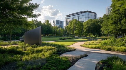 Aufkleber - A serene park scene with modern architecture in the background, featuring pathways and lush greenery.