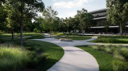 Aufkleber - A serene landscape featuring winding pathways, greenery, and a modern building in the background.
