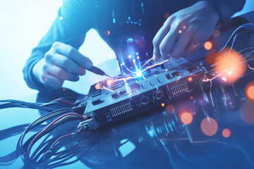 Fototapete - A person is working on a computer monitor with a blue background