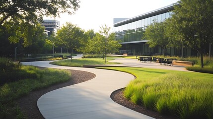 Aufkleber - Serene pathway winding through a lush green park with modern buildings in the background.