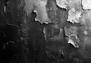 Poster - Abstract Texture of Peeling Paint on Dark Wall Surface Showcasing a Dramatic Contrast with Grunge Elements and Organic Patterns for Artistic Background Use