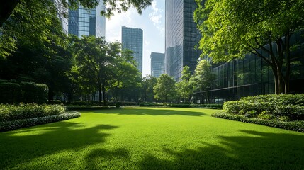 Aufkleber - Lush green park surrounded by modern skyscrapers under a bright sky.