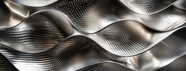 Poster - Abstract wave pattern in polished metal surface showcasing reflections and textures, creating dynamic visual interest for artistic backgrounds and designs.