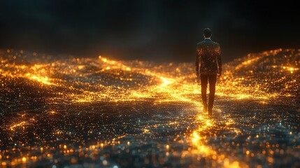 Poster - Man walks glowing city network, night, future, digital marketing