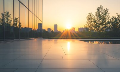 Aufkleber - Sunset view over a city skyline with reflections on modern glass buildings and serene surroundings.