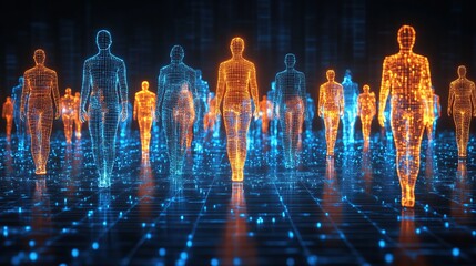 Poster - Digital humans walking futuristic grid, data stream background, network visualization