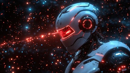 Fototapete - Futuristic robot, space, energy beam, dark background, sci-fi concept