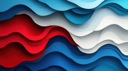 Fototapete - Dynamic layered waves in red, blue, and white creating a powerful paper art background for national pride Generative AI