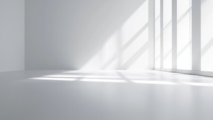 Poster - Bright and Minimalist Interior Space with Sunlight Casting Stripes on the Floor, Perfect for Modern Design and Architecture Concepts