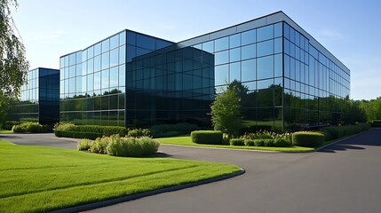 Aufkleber - Modern glass office building surrounded by lush greenery and a clear blue sky.