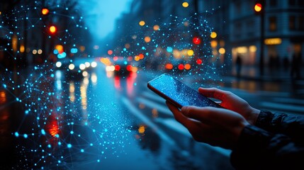 Poster - City night, hands holding phone, network data, traffic blur, app use