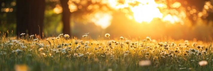 Poster - Golden sunlight illuminates a meadow full of blooming flowers during late afternoon hours Generative AI