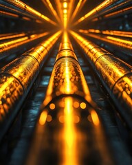 Poster - Captivating Perspective of Golden Tubes Glowing in a Dark Tunnel with Radiant Light Streaming Through in an Abstract Industrial Setting