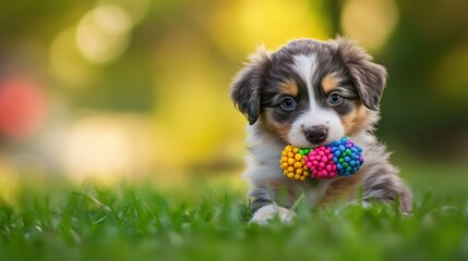 Poster - Playful puppy enjoys a bright chew toy while sitting on green grass, radiating joy in natural light Generative AI