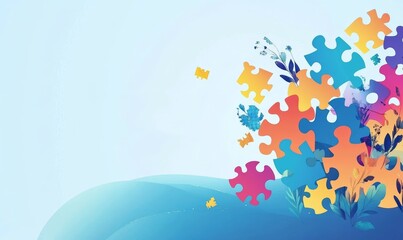 Wall Mural - Colorful Abstract Puzzle Pieces With Floral Elements On Light Blue Background Ideal For Collaboration And Unity ConceptsIn Design And Concept Illustrations For Unity And Collaboration Ideas On a