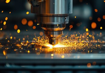 Poster - Close-Up of a Laser Cutting Machine in Action Generating Sparks on Metal Surface in Factory Setting During Precision Manufacturing Process