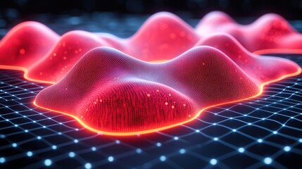 Fototapete - Red digital landscape flowing over grid, futuristic background, data visualization