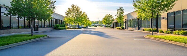 Poster - Modern industrial area with trees lining a clear road under a bright sky.