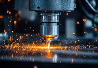 Poster - Close-up of a Precision Laser Cutting Machine in Action with Bright Sparks and Metal Surface Undergoing Industrial Fabrication Process