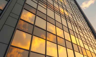 Aufkleber - Modern building with reflective glass showcasing orange and yellow clouds at sunset.