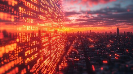 Fototapete - Sunset cityscape data stream