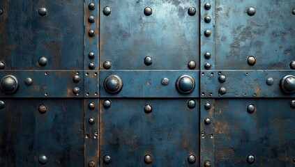Poster - Close-Up of an Industrial Metal Surface with Rivets and Patina, Perfect for Textured Backgrounds in Design Projects