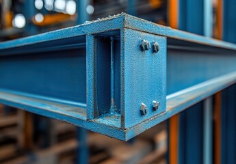 Poster - Close-Up of Blue Steel Beam with Industrial Background, Highlighting Structural Design and Textured Surface for Construction and Engineering Use