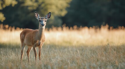 Poster - Deer grazing in a sunlit meadow surrounded by tall grass and trees during midday hours in a natural setting Generative AI