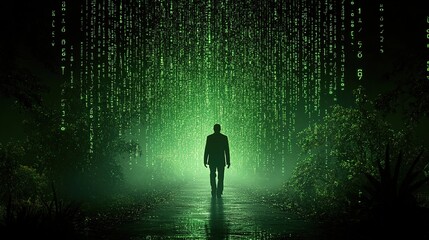 Poster - Man walks digital rain path, night forest, data stream, futuristic concept
