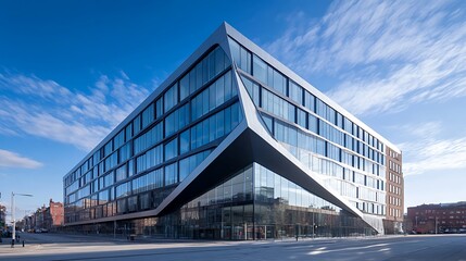 Poster - Modern architectural building with a unique angular design and reflective glass facade under a clear blue sky.