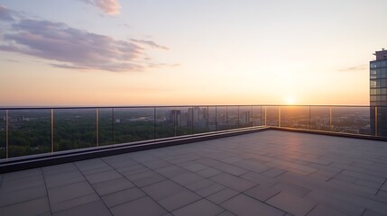 Poster - Rooftop view at sunset over a city skyline, showcasing modern architecture and serene atmosphere.