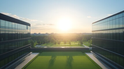 Poster - Modern buildings with greenery under a bright sunrise, showcasing urban architecture and nature harmony.