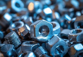Poster - Close-up of metallic nuts showing detailed texture and shine, surrounded by a collection of industrial fasteners in varying sizes and shapes for engineering use
