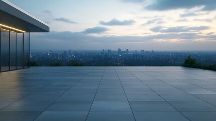Poster - Modern architectural terrace overlooking a city skyline at dusk, with a calm atmosphere and soft lighting.