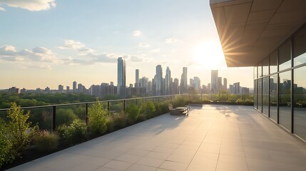 Poster - Urban rooftop view with greenery and city skyline under a bright sky at sunset.