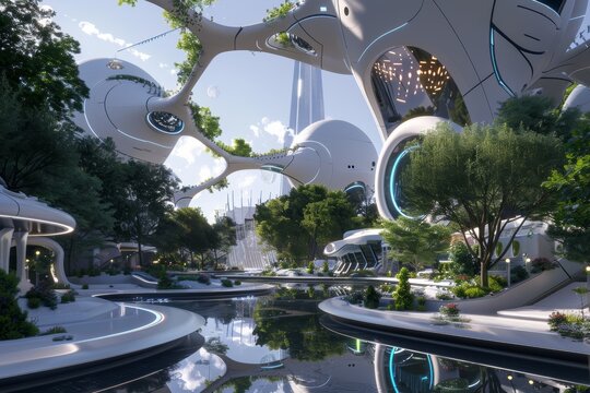 Futuristic City With Organic Structures, Featuring White Buildings, Blue Lighting, And Lush Greenery Reflected In A Serene Water Feature. Perfect For Futuristic City Concepts And Illustrations. A