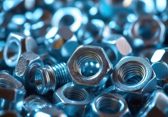 Poster - Close-Up of Shiny Steel Nuts and Bolts on a Bright Blue Background Showing Textures and Details of Industrial Fasteners for Engineering Projects