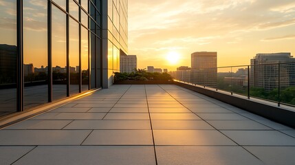 Poster - Modern rooftop terrace at sunset with glass reflections and city skyline views.