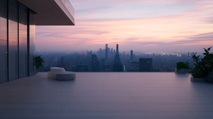 Poster - Modern balcony view overlooking a city skyline at sunset, with soft lighting and contemporary furniture.